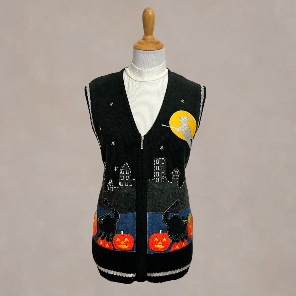 Vintage 90s White Stag Halloween Sweater Vest L Witch Black Cat Pumpkin